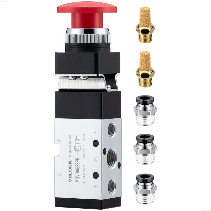 VIILOCK Pneumatic Mechanical Valve, 1/4” NPT 5 Way 2 Position Momentary Push Button Manual Control Air Valve MSV-86522PB - Image 1